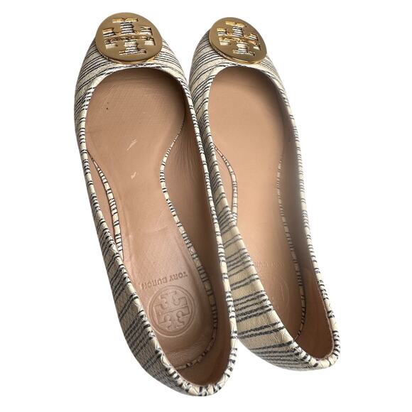 Tory Burch White Blue Striped Snake Leather Gold Logo Reva Ballet Flats Sz 11 M - Picture 12 of 15